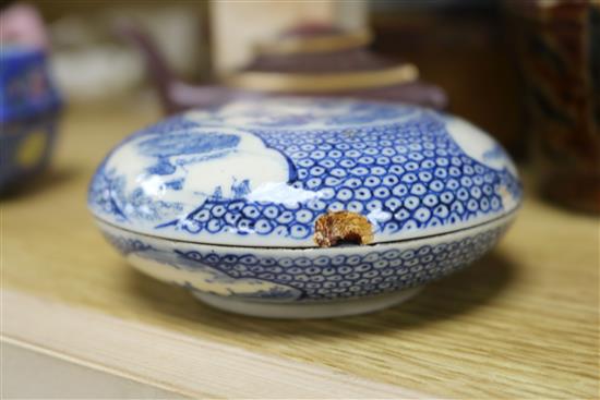 A Chinese blue and white seal paste box and cover, and other Oriental items